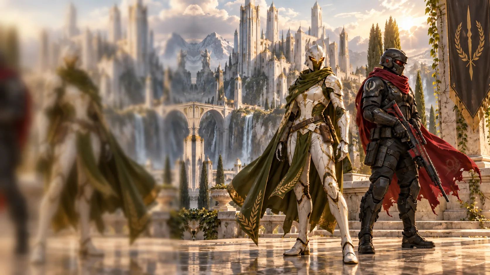 White-stone ruins and two armored figures in the world of Ancient Nest